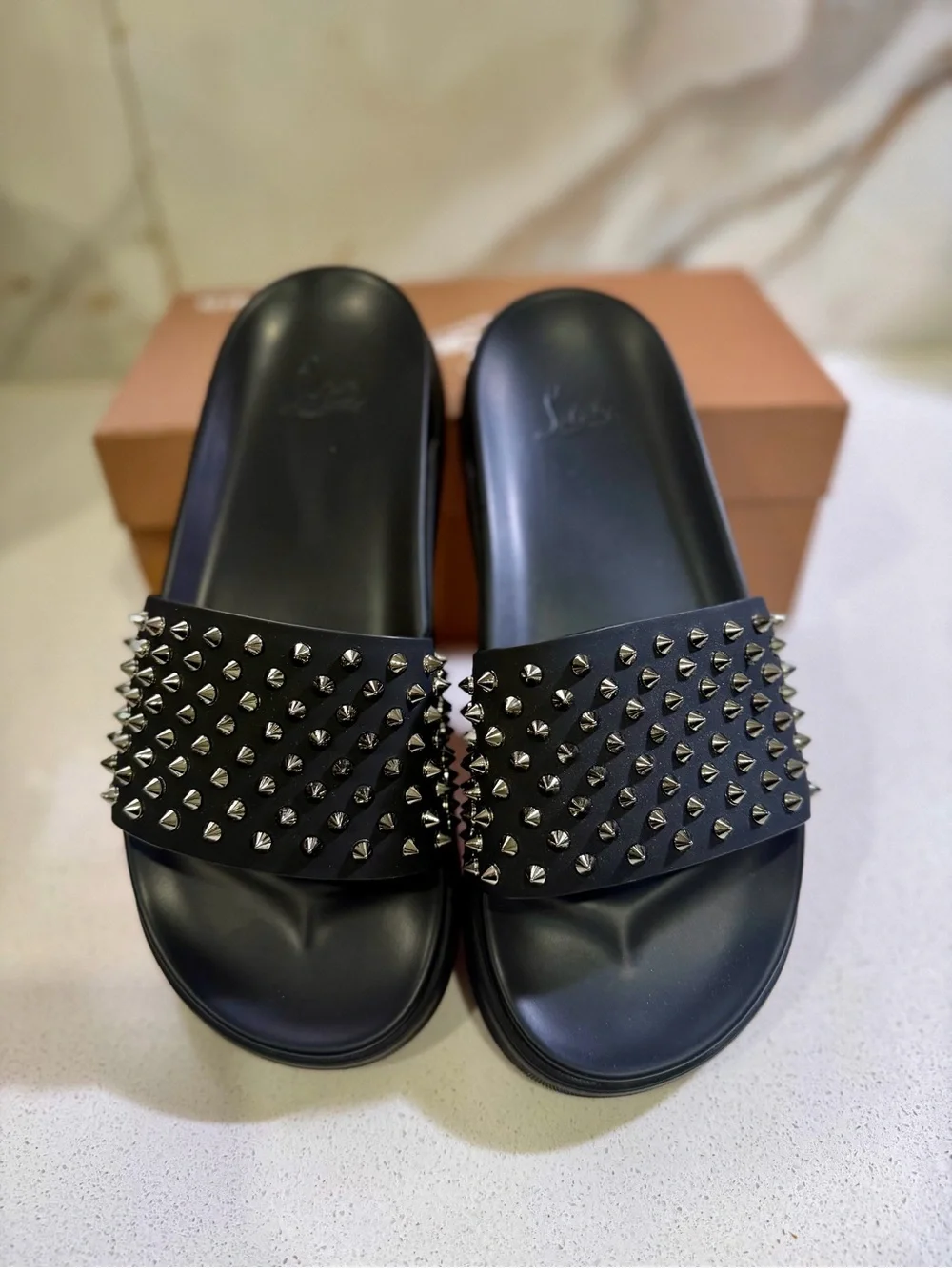 Louboutin Black Studded Slide Sandals - Luxury Designer